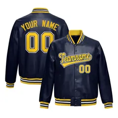 Navy Yellow Faux Leather Letterman Jacket Full-Snap Varsity 1