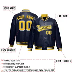 Navy Yellow Faux Leather Letterman Jacket Full-Snap Varsity 2