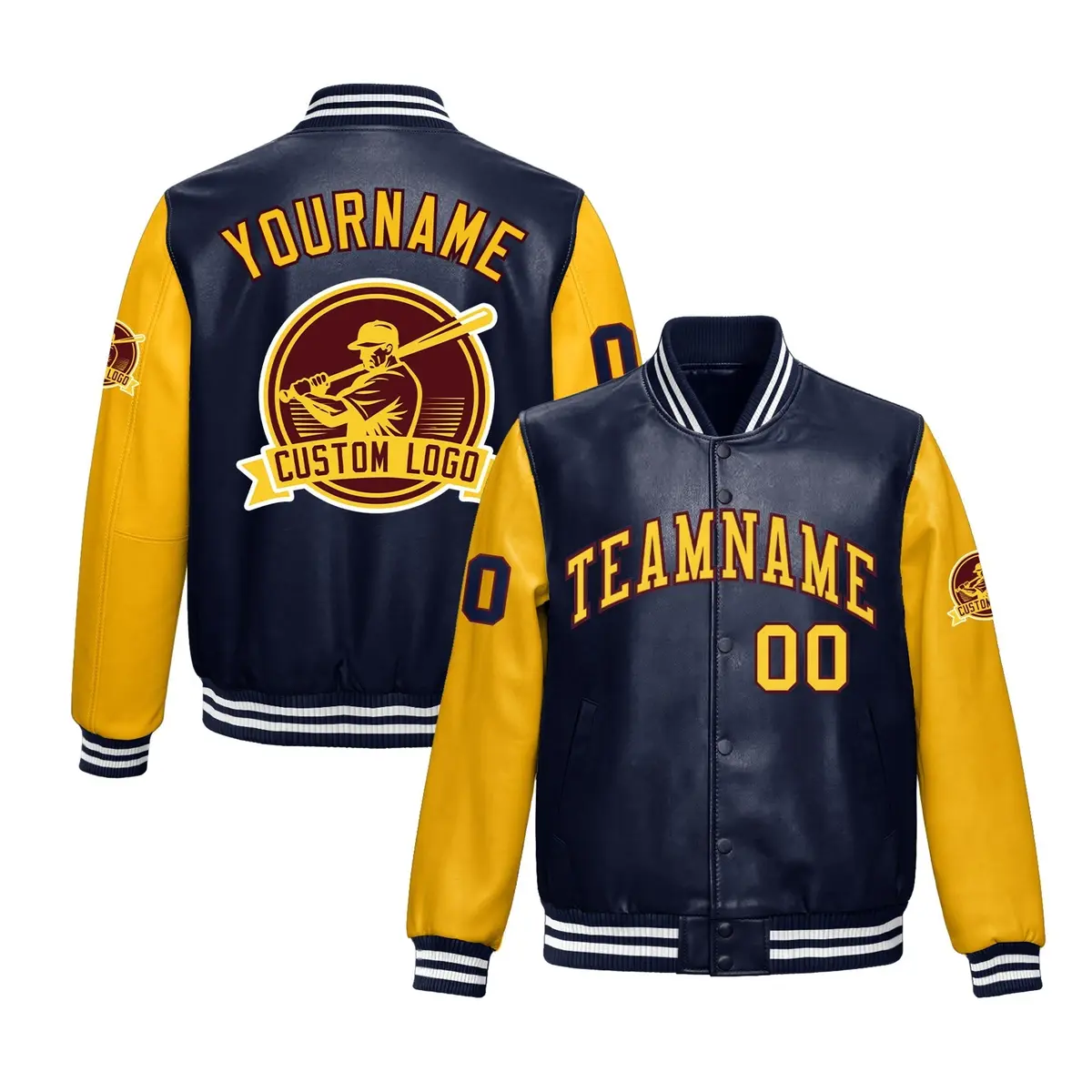 Navy Yellow Faux Leather Letterman Jacket Raglan Full-Snap