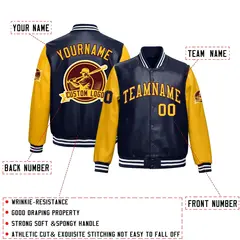 Navy Yellow Faux Leather Letterman Jacket Raglan Full-Snap 2