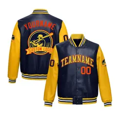 Navy Yellow Faux Leather Letterman Jacket Raglan Full-Snap 1