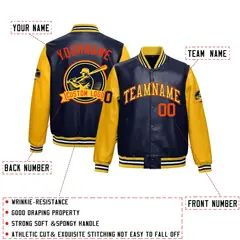 Navy Yellow Faux Leather Letterman Jacket Raglan Full-Snap 2