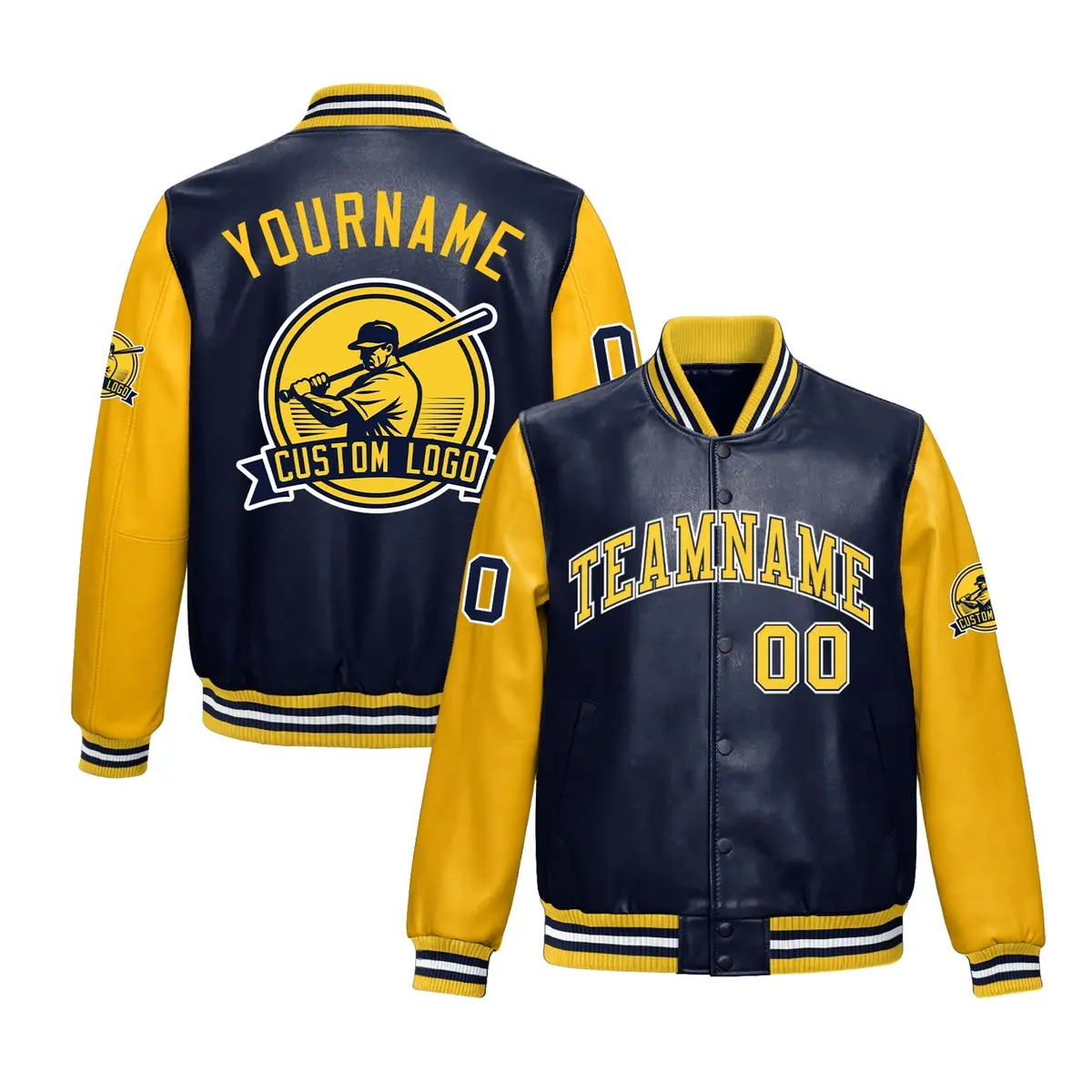 Navy Yellow Faux Leather Letterman Jacket Raglan Full-Snap