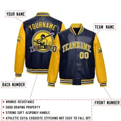 Navy Yellow Faux Leather Letterman Jacket Raglan Full-Snap 2