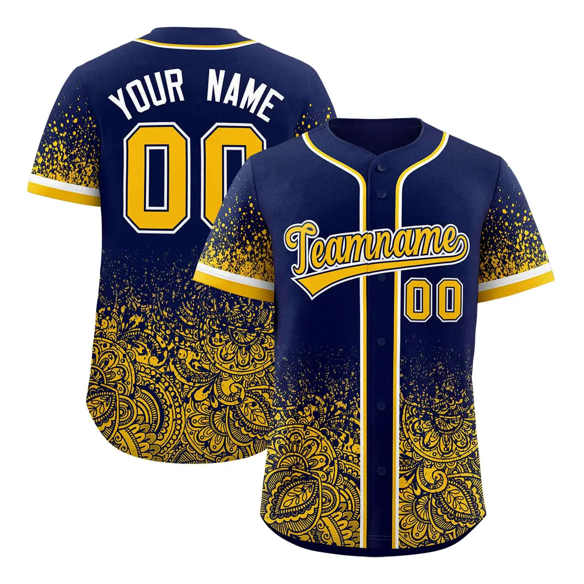 Navy Yellow Floral Gradient Full Button Baseball Jersey