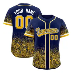 Navy Yellow Floral Gradient Full Button Baseball Jersey 1