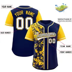 Navy Yellow Graffiti Split Raglan Sleeve Baseball Jersey 2