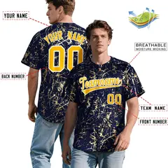 Navy Yellow Metallic Gold Splatter Baseball Jersey 2