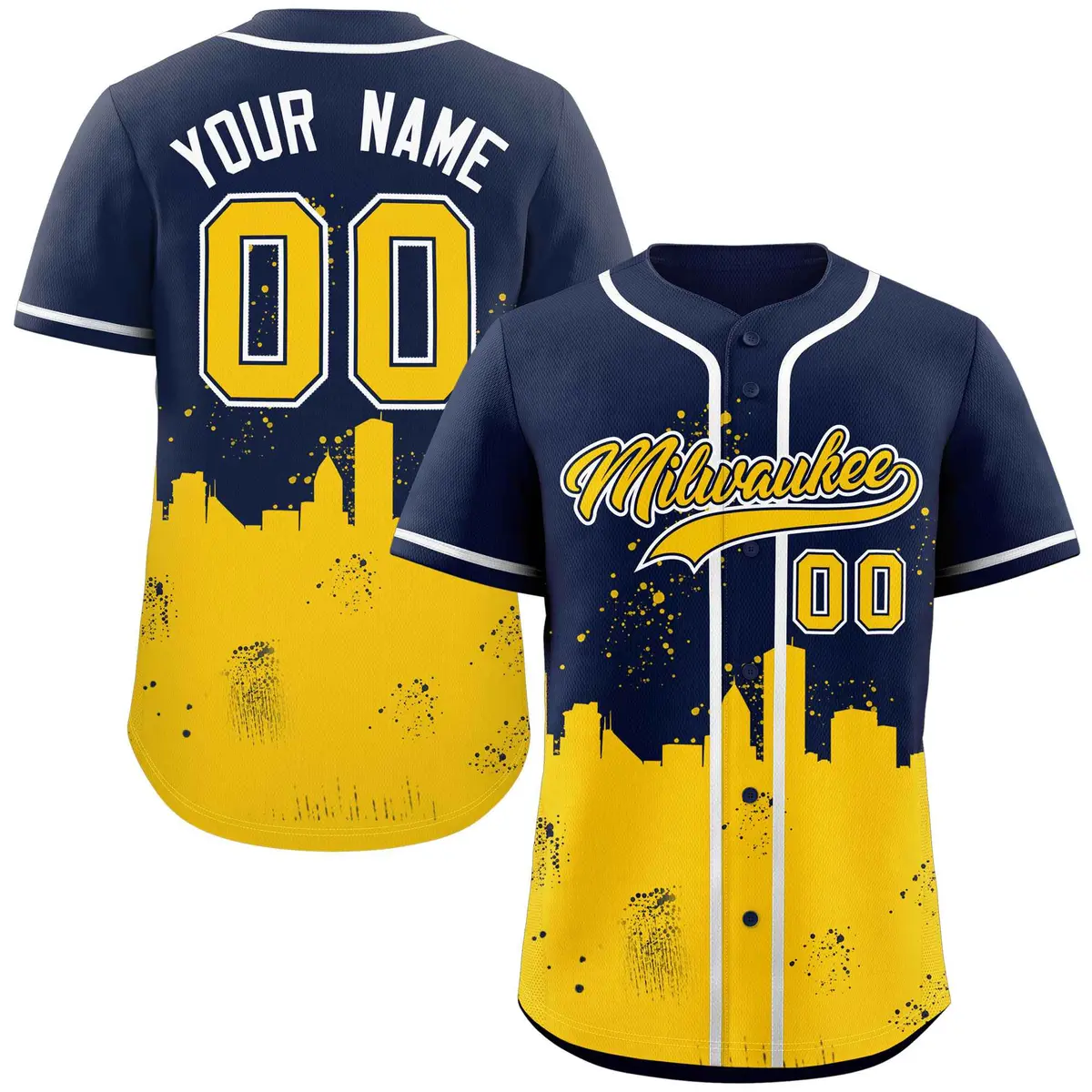 Navy Yellow Milwaukee City Nightscape Baseball Jersey