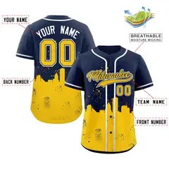 Navy Yellow Milwaukee City Nightscape Baseball Jersey 2