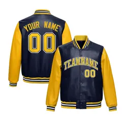 Navy Yellow Raglan Full-Snap Varsity Faux Leather Letterman Jacket