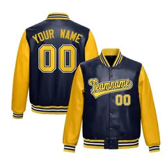 Navy Yellow Raglan Full-Snap Varsity Faux Leather Letterman Jacket 1