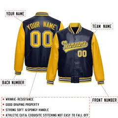 Navy Yellow Raglan Full-Snap Varsity Faux Leather Letterman Jacket 2