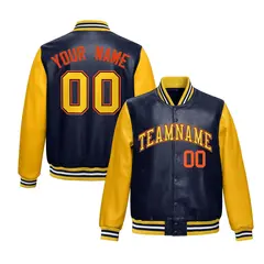 Navy Yellow Raglan Full-Snap Varsity Faux Leather Letterman Jacket