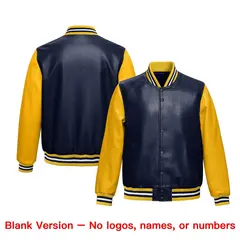 Navy Yellow Raglan Full-Snap Varsity Faux Leather Letterman Jacket 6