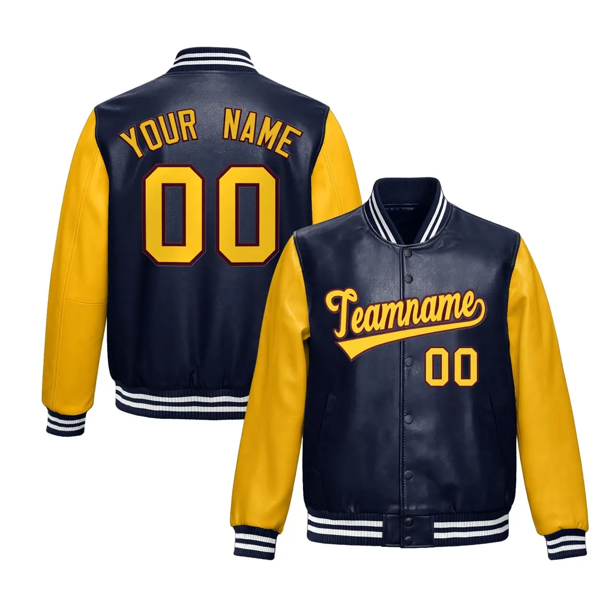 Navy Yellow Raglan Full-Snap Varsity Faux Leather Letterman Jacket