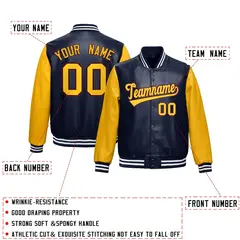Navy Yellow Raglan Full-Snap Varsity Faux Leather Letterman Jacket 2