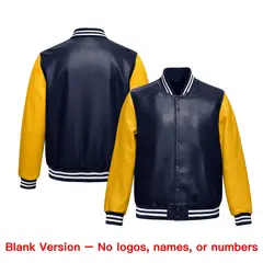Navy Yellow Raglan Full-Snap Varsity Faux Leather Letterman Jacket 6
