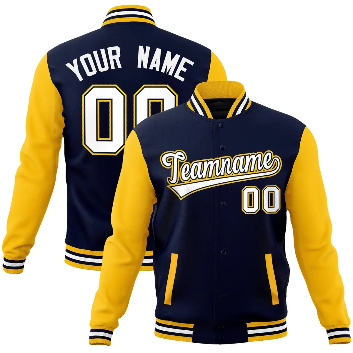 Navy Yellow Raglan Full-Snap Varsity Letterman Jacket