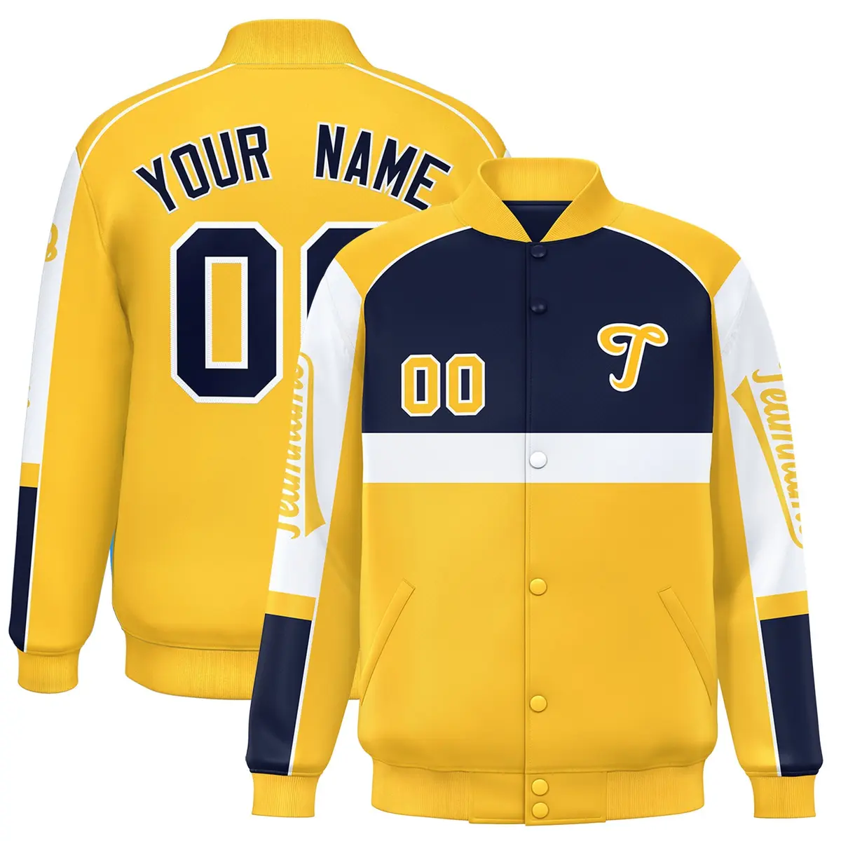 Navy Yellow Raglan Sleeves Varsity Letterman Jacket