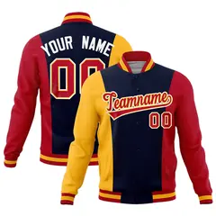 Navy Yellow Red Three Color Block Varsity Letterman Jacket