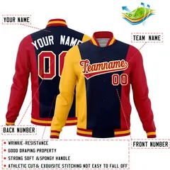 Navy Yellow Red Three Color Block Varsity Letterman Jacket 2