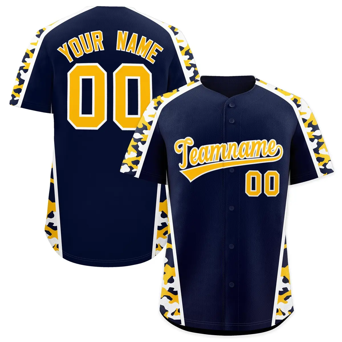 Navy Yellow Side Camo Baseball Jersey