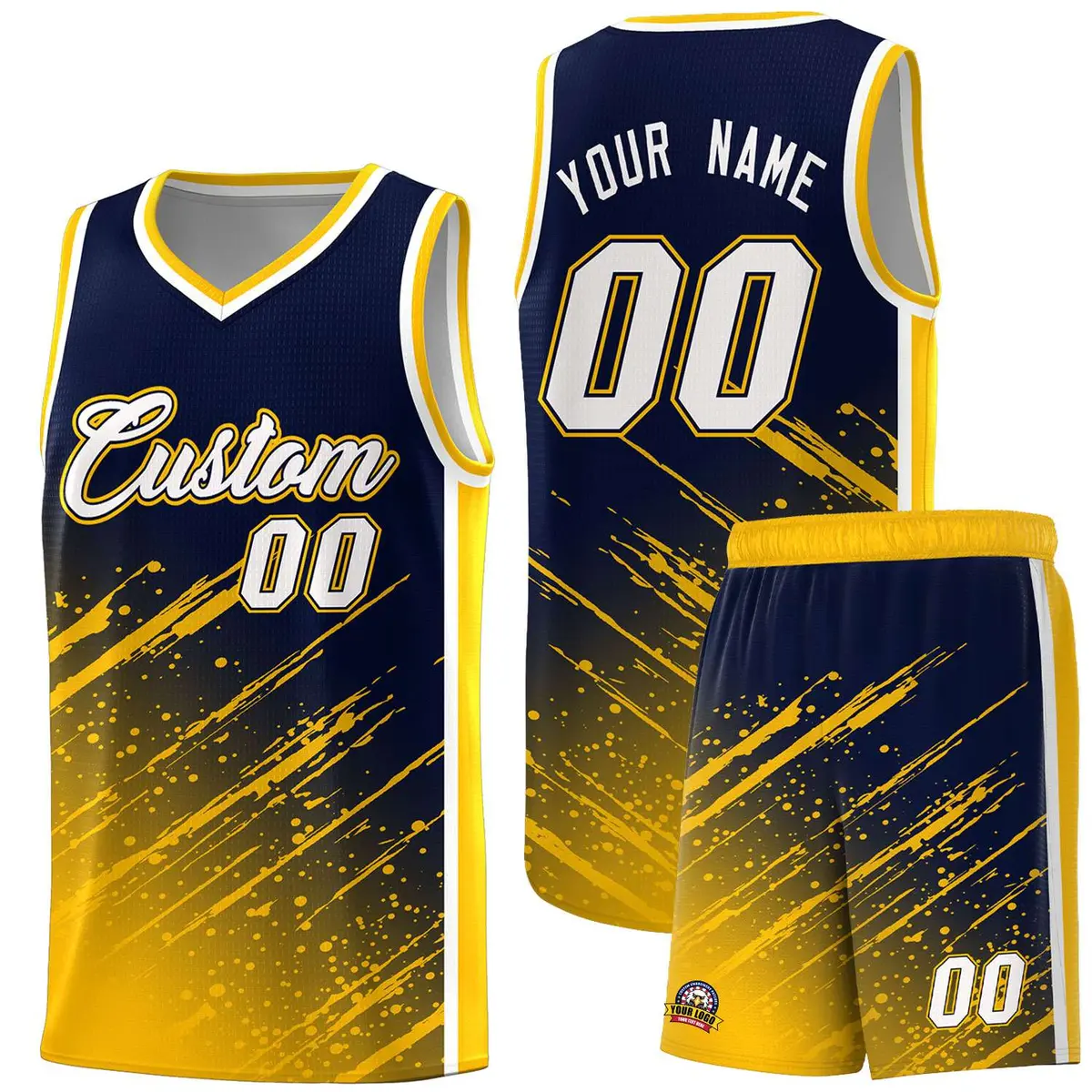 Navy Yellow Splash Basketball Kits with Tackle Twill