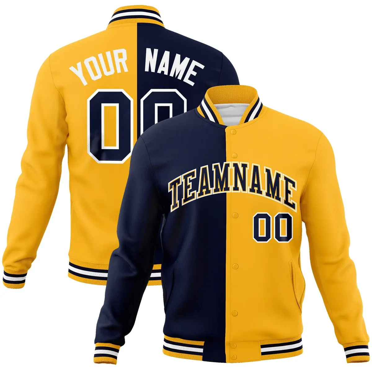 Navy Yellow Two Tone Split Varsity Full-Snap Letterman Jacket