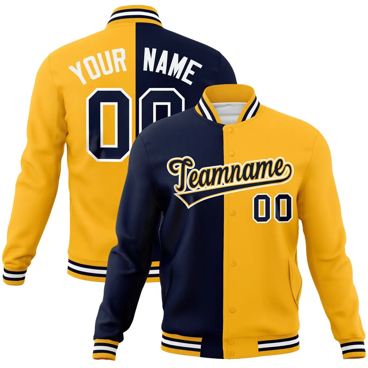 Navy Yellow Two Tone Split Varsity Full-Snap Letterman Jacket