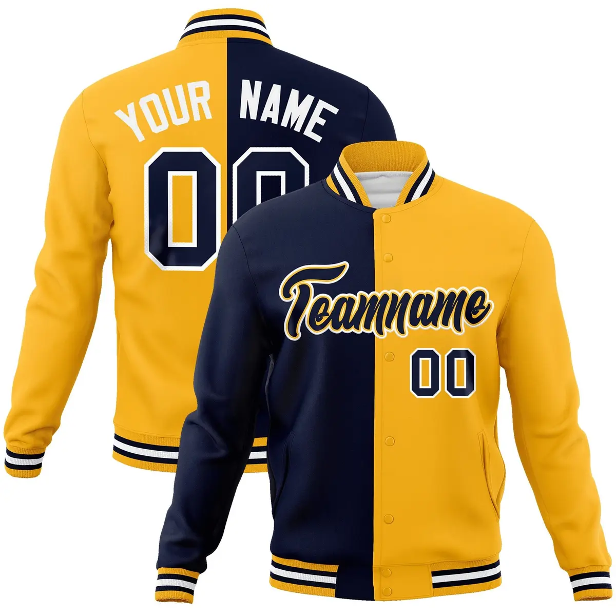 Navy Yellow Two Tone Split Varsity Full-Snap Letterman Jacket