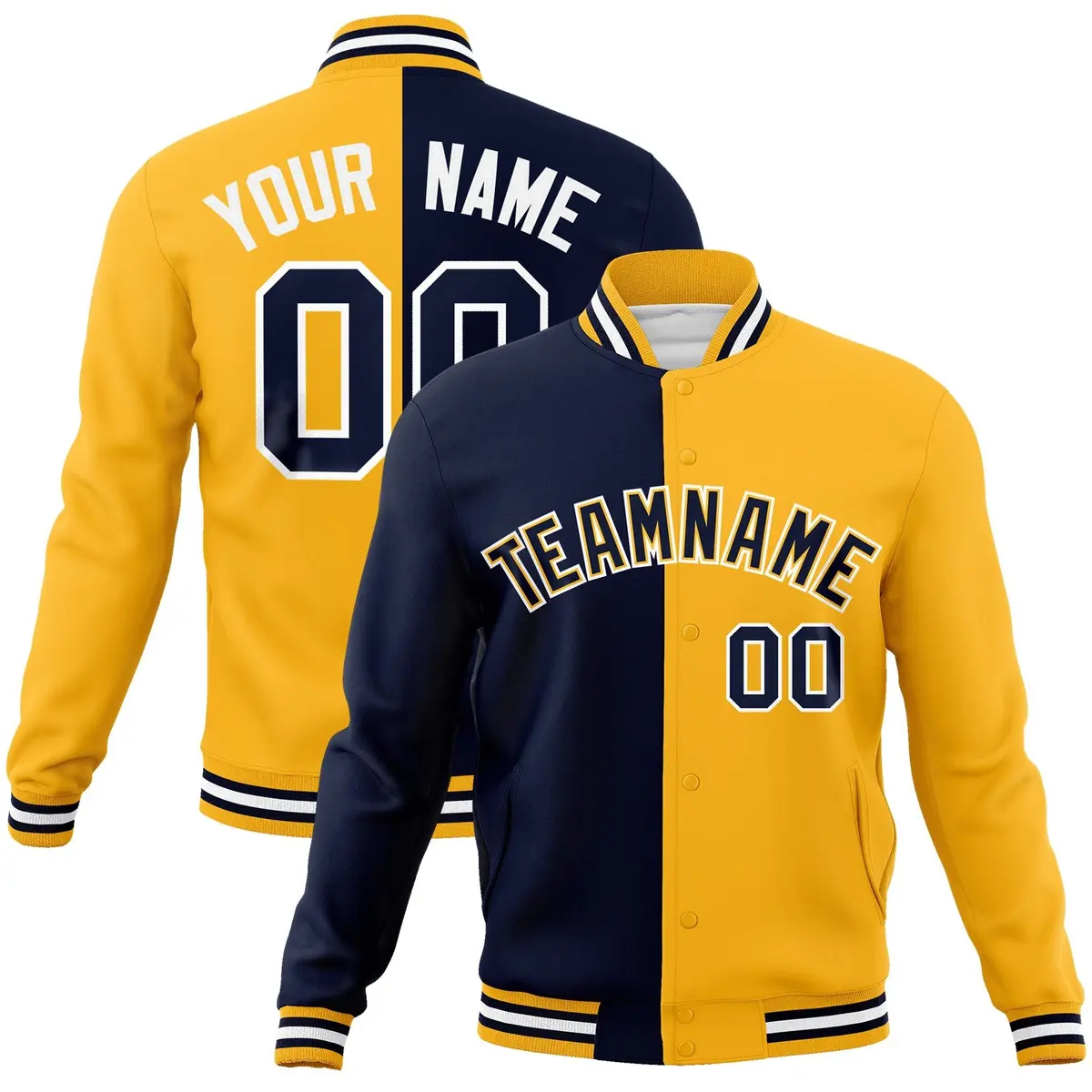Navy Yellow Two Tone Split Varsity Full-Snap Letterman Jacket