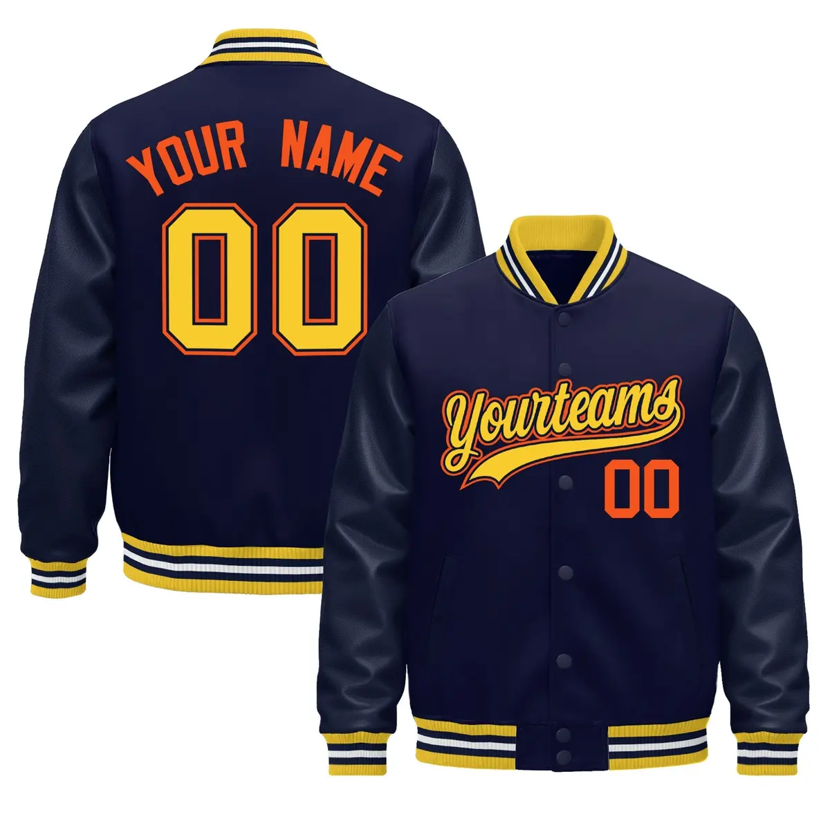 Navy Yellow Varsity Jacket Leather Sleeves Wrinkle-Resistant