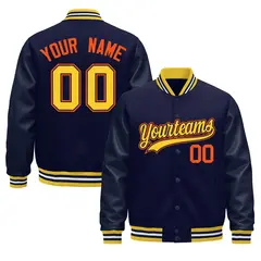 Navy Yellow Varsity Jacket Leather Sleeves Wrinkle-Resistant
