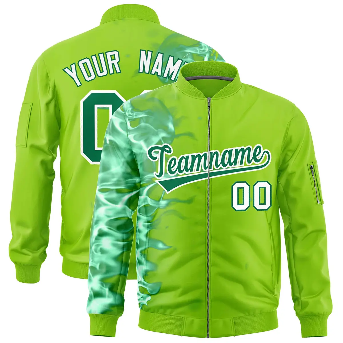 Neon Green 3D Flame Full-Zip Varsity Letterman Bomber Jacket