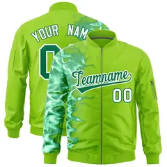 Neon Green 3D Flame Full-Zip Varsity Letterman Bomber Jacket 1