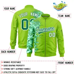 Neon Green 3D Flame Full-Zip Varsity Letterman Bomber Jacket 2