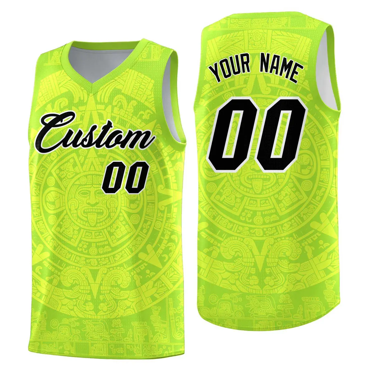 Neon Green Aztec Sun Stone Graffiti Basketball Jersey