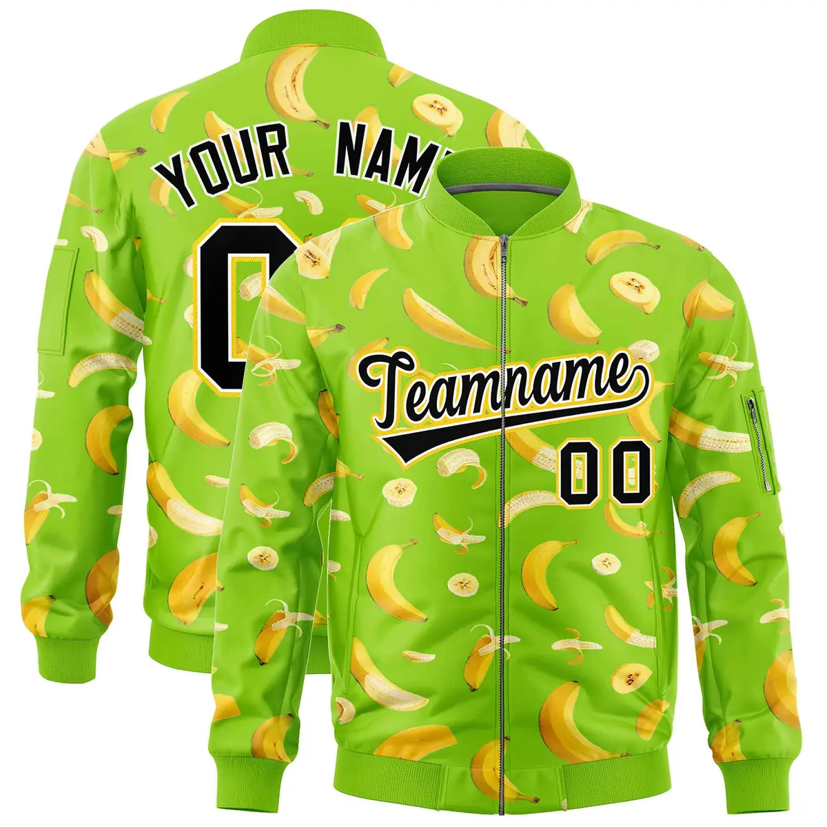 Neon Green Banana Pattern Varsity Letterman Bomber Jacket
