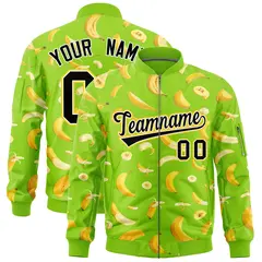 Neon Green Banana Pattern Varsity Letterman Bomber Jacket