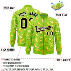 Neon Green Banana Pattern Varsity Letterman Bomber Jacket 2
