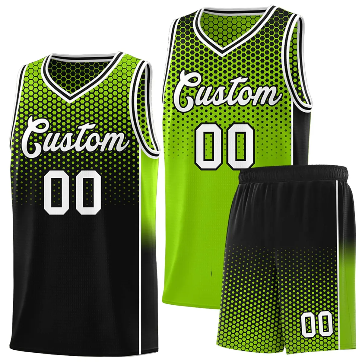 Neon Green Black Dot Pattern Side Gradient Reversible Basketball Jersey Kits