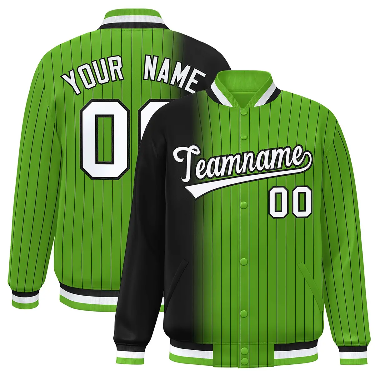Neon Green Black Gradient Pinstripe Varsity Full-Snap Baseball Jacket