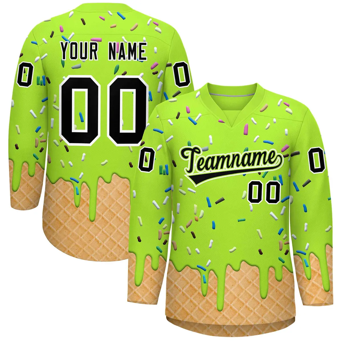 Neon Green Black Ice Cream Pattern V-Neck Hockey Jersey