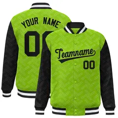 Neon Green Black L Pattern Varsity Full-Snap Raglan Letterman Baseball Jacket
