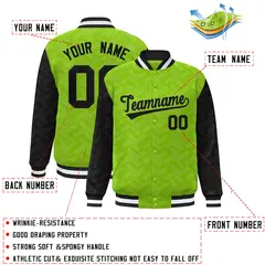 Neon Green Black L Pattern Varsity Full-Snap Raglan Letterman Baseball Jacket 2