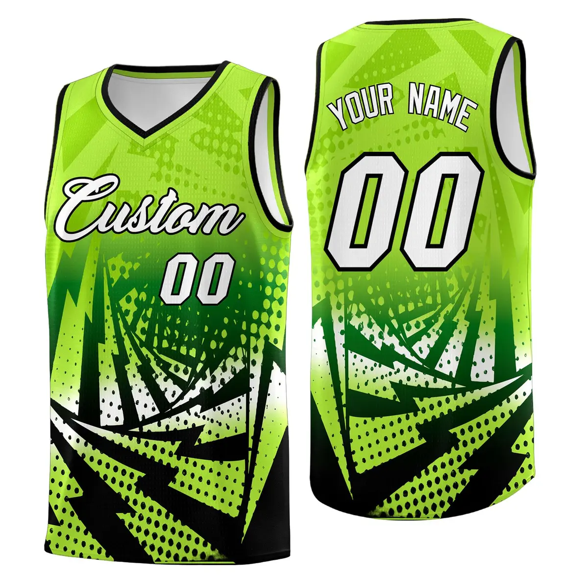 Neon Green Black Lightning Halftone Dot Basketball Jersey