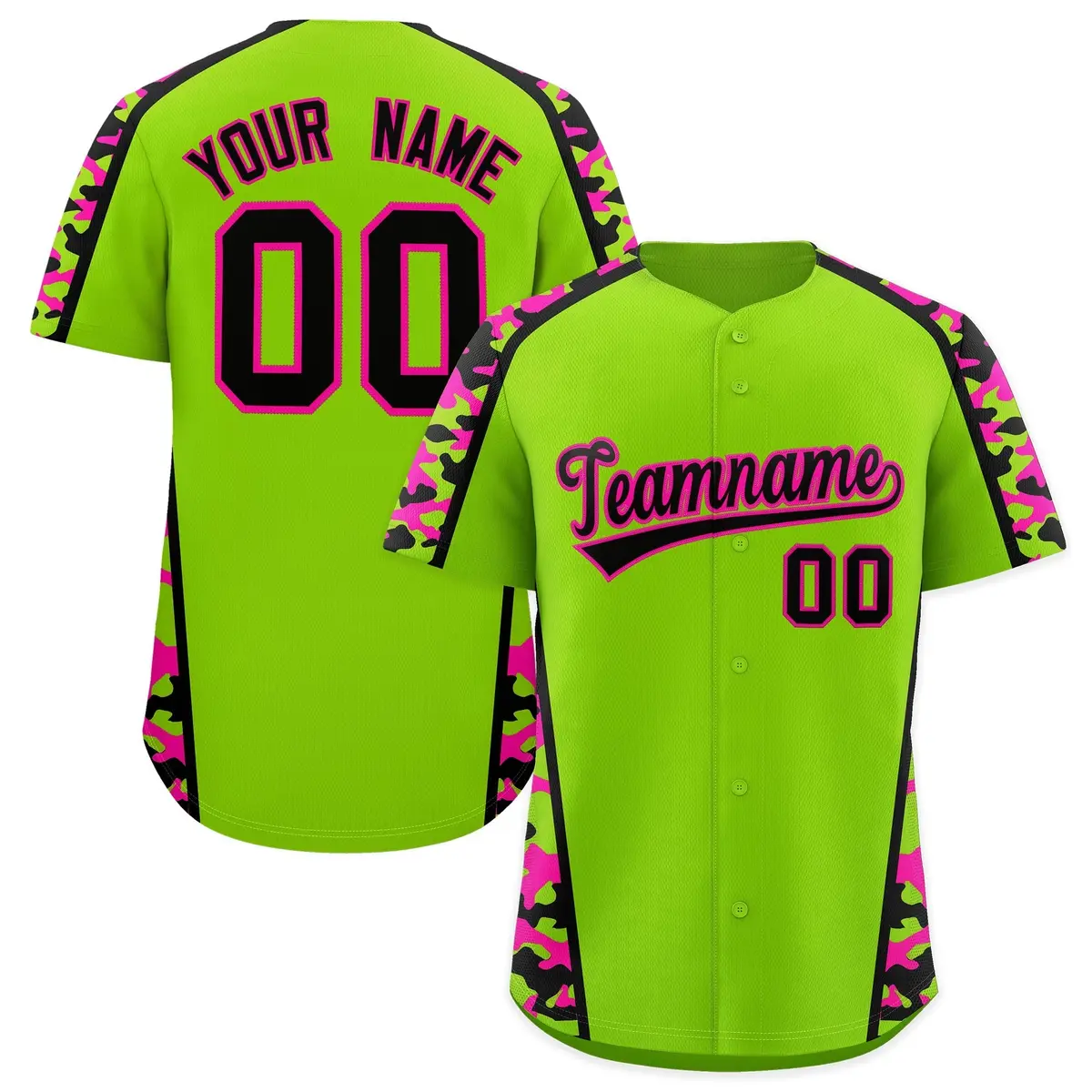 Neon Green Black Pink Side Camo Baseball Jersey