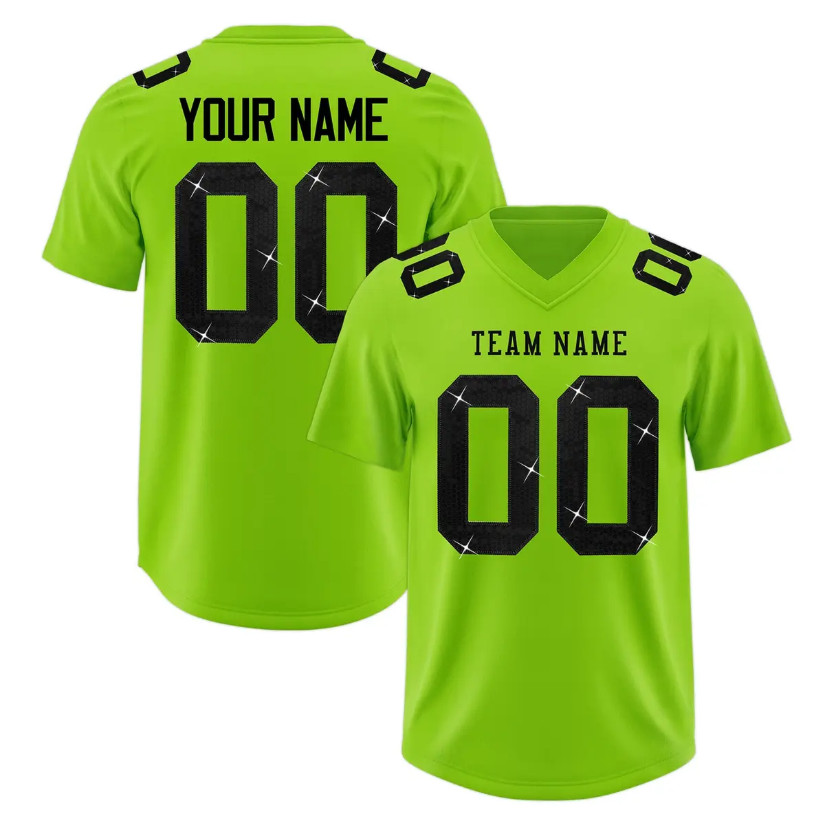 Neon Green Black Sequin Lettering Breathable Football Jersey
