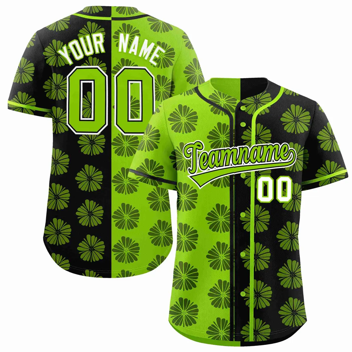 Neon Green Black Split Flower Graffiti Baseball Jersey